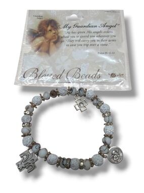 My Guardian Angel Blessed Beads Rosary White Bracelet with Metal Charms 9605WT